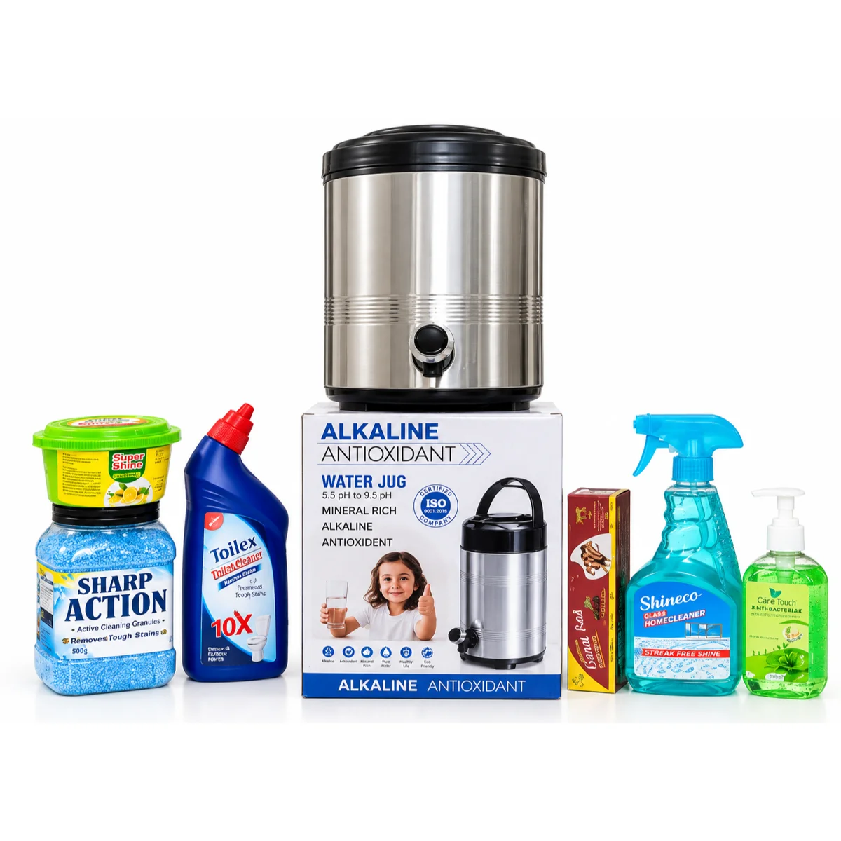 The seven BBM products: Sharp Shine, Sharp Action, Toilex, Alkaline Antioxidant Water Jug, Laung Red, Shinex and Aloe Vera Hand Wash