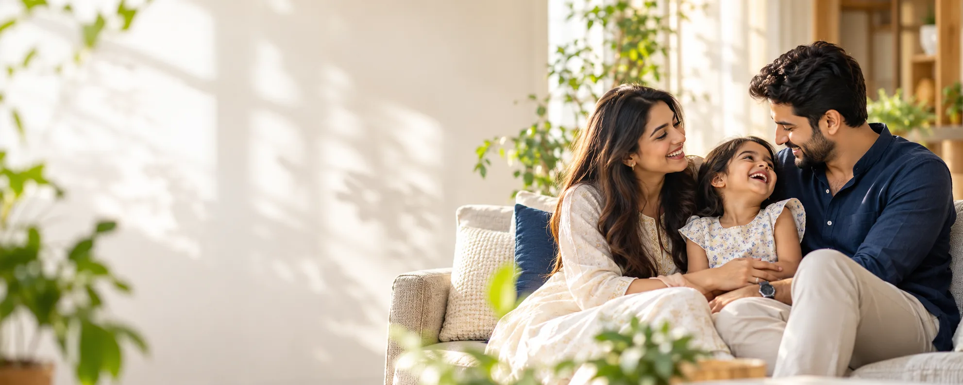 A happy Indian family laughing together on a sofa in a sunlit home